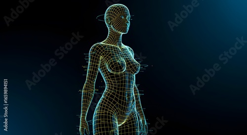 Digital wireframe female figure design on dark blue background, techno body  