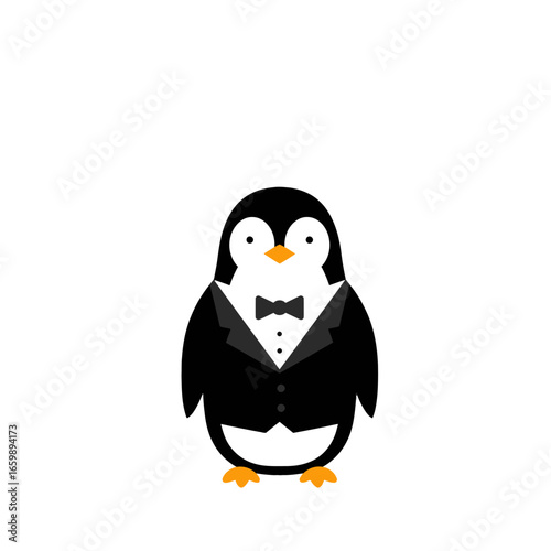 A cartoon penguin, formally dressed in a tuxedo, stands against a white background.