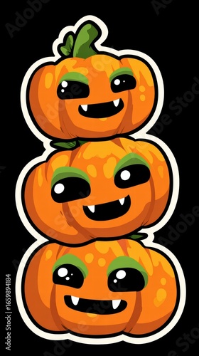 Wallpaper Mural Three stacked cartoon pumpkins with orange bodies, green eyes, menacing expressions, sharp teeth Torontodigital.ca