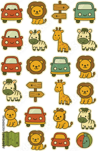 Photography Cute cartoon safari animals and vehicles on a transparent background isolated on