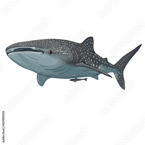 A detailed illustration of a majestic whale shark swimming gracefully in the ocean, showcasing its distinctive spotted pattern.