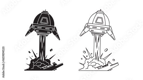 Retro spaceship launch with smoke and debris