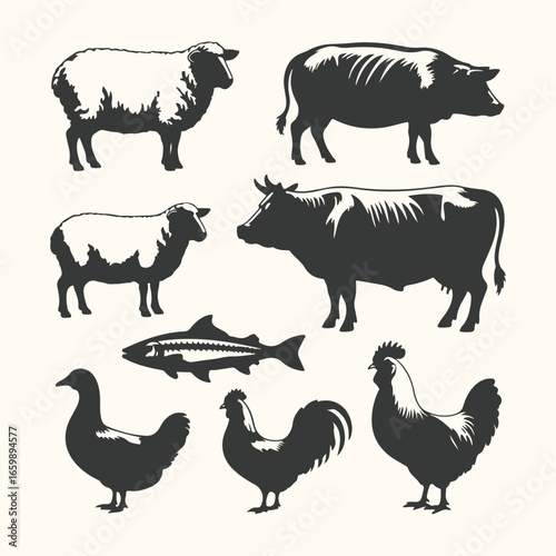 Farm animals collection set in vector illustration featuring cow, pig, sheep, chicken, goat, and more
