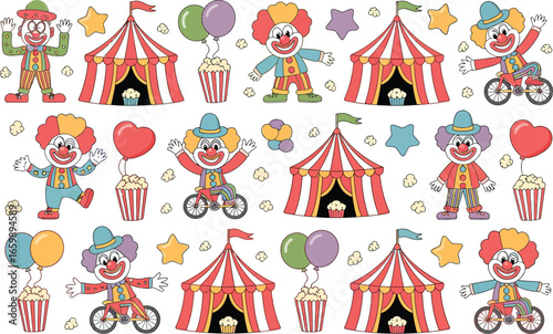 Joyful circus scene with clowns tents balloons and popcorn isolated on transparent background