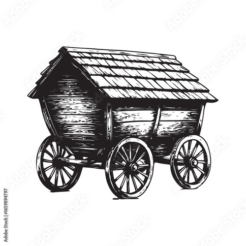 wagon house silhouette, Vintage wagon silhouette, Silhouette illustration of a vintage wagon house ,  