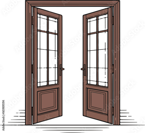 Double Doors Outline Icons Set Open Panels, Glass Insets, and Entryway Design in Minimal Vector Style