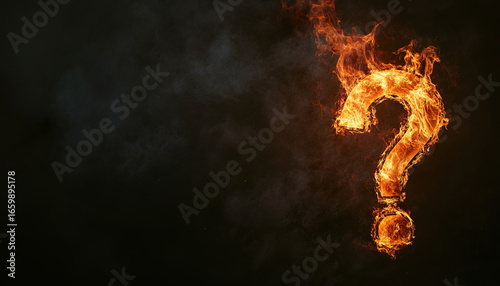 Burning Fire Question Mark on Black Background. Fiery question mark in dramatic lighting. Great for intense themes, danger, or conceptual design visuals. Main question, attention
