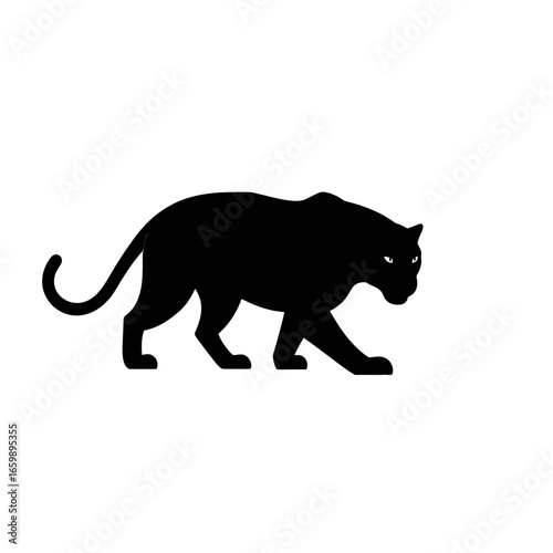 Silhouette of a black panther walking with a determined gaze against a white background.