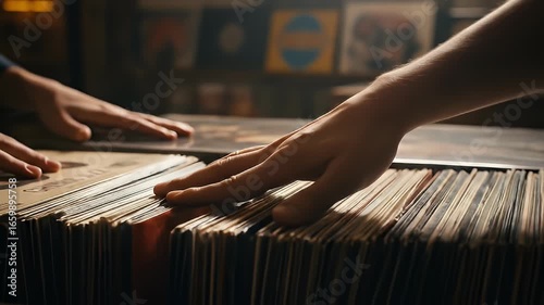 Hands Browsing Through Vintage Vinyl Records in a Record Store