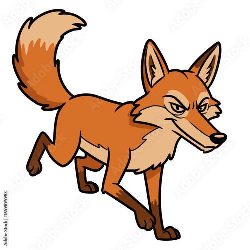 A cartoon fox with orange fur, running with a determined expression on its face, isolated on white.