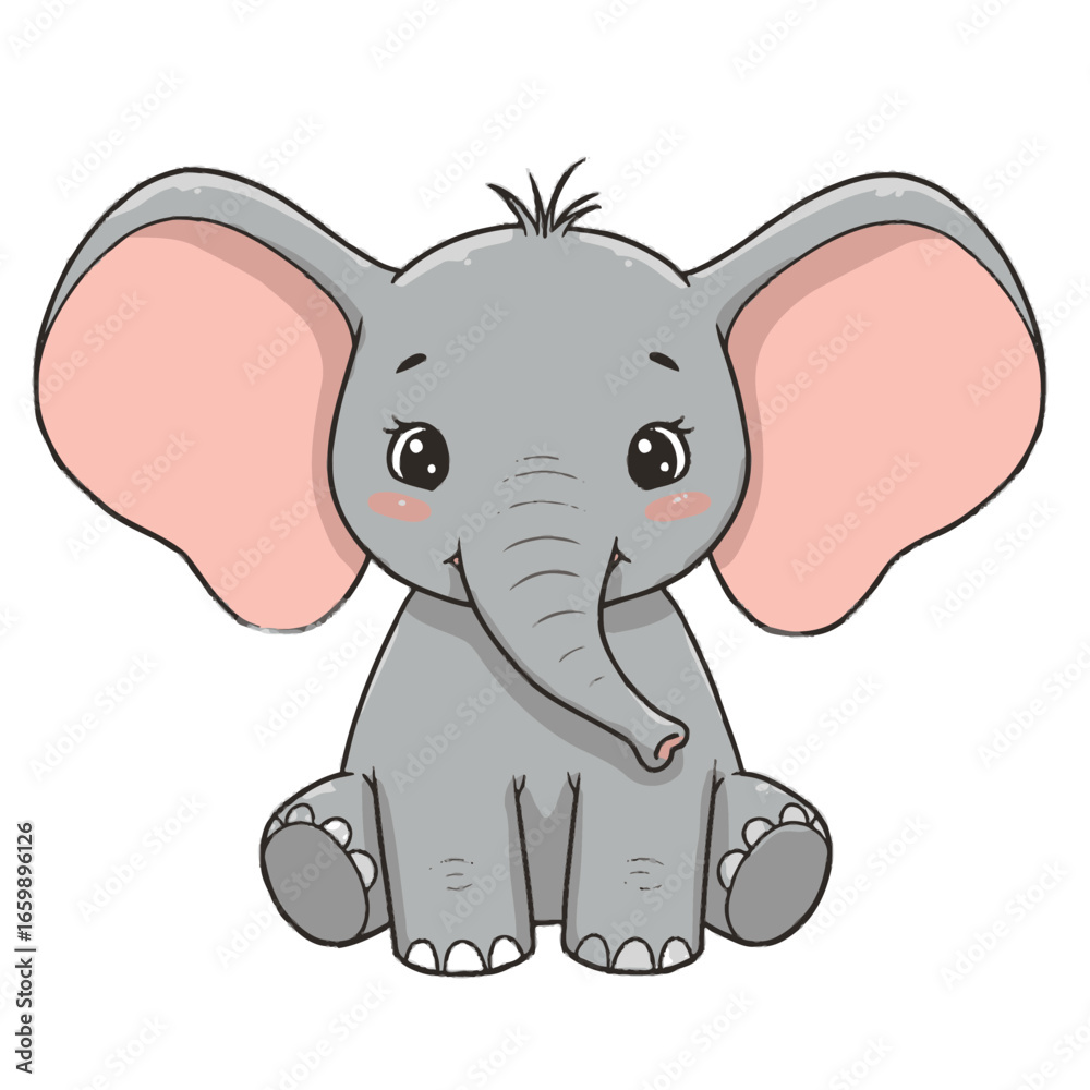 Naklejka premium Cute cartoon elephant sitting, with large ears and big eyes.