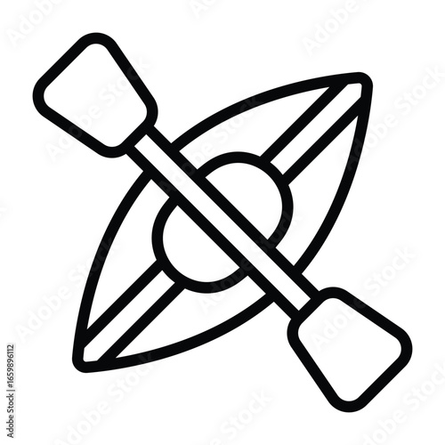 Clean black line illustration of kayak with paddle. Perfect for adventure, outdoor sports, and water activity projects.