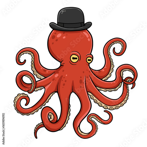 A dapper red octopus wearing a bowler hat.