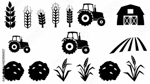 Black silhouettes of wheat ears, tractors, barn, field rows and grain piles on a white background scene