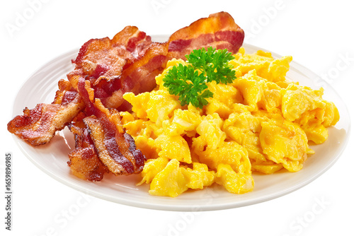 Delicious plate of scrambled eggs and crispy bacon isolated on transparent background