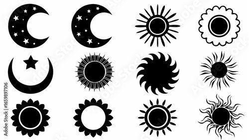 Illustration of celestial bodies including crescent moons and various sun designs in black and white style