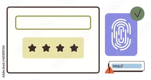 Login form with stars in password field, a fingerprint authentication icon, an approved checkmark, and a warning symbol for insecure webpage connection. Ideal for cybersecurity, authentication