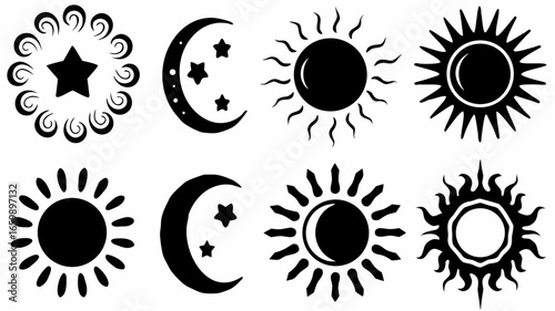 Illustration featuring celestial elements including suns moons and a star in a decorative arrangement