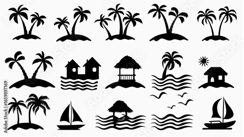 Silhouette collection of tropical islands with palm trees, huts, sailboats, sun and birds on a white background