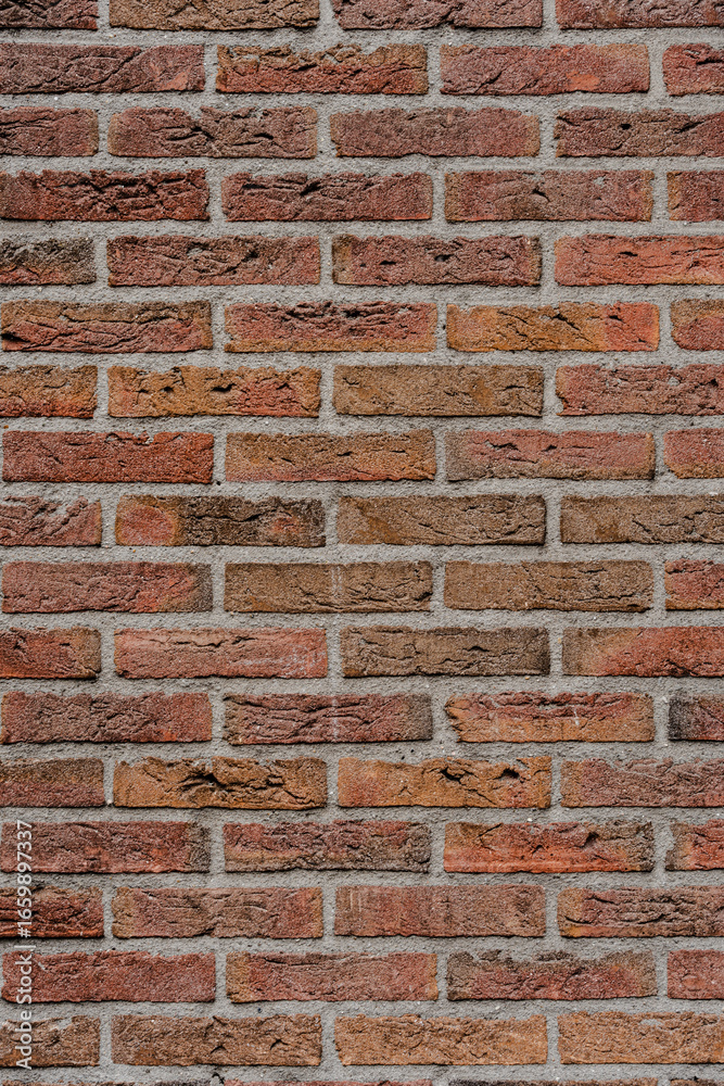 Fototapeta premium Red brick wall with varying shades and gray mortar. Texture adds character to building exterior.