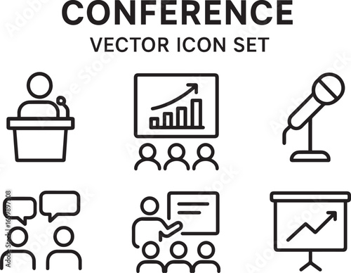 Conference Vector Icon Set | Adjustable Line Weight | Speaker, podium, audience, chart, presentation, mic, discussion, seminar, networking, success, projector, meeting, talk, panel icons