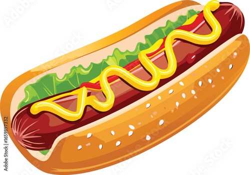 Classic American hot dog with mustard and ketchup in a bun. Vector illustration of fast food for a menu, poster, or web design. Isolated delicious snack graphic element.	 Generative AI