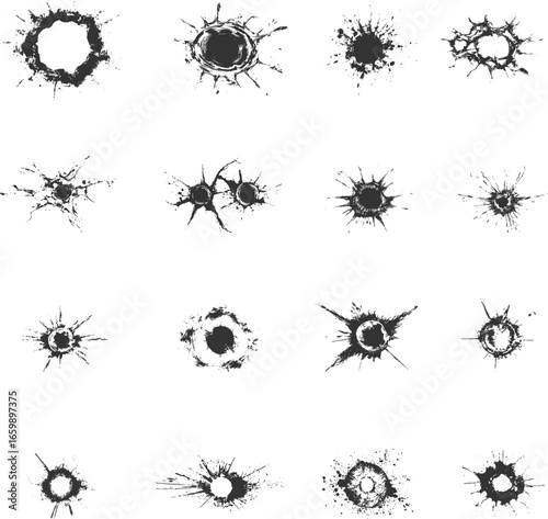 Set illustrations of bullet hole isolated on transparent background. Vector graphics