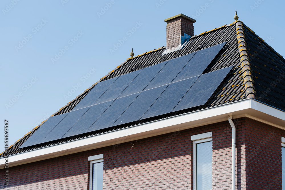 Fototapeta premium Solar Panels on House Roof: Sustainable energy source for home. Reduce carbon footprint with solar power.
