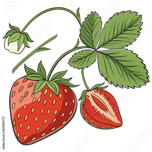 Fresh and juicy strawberry with leaves and flower
