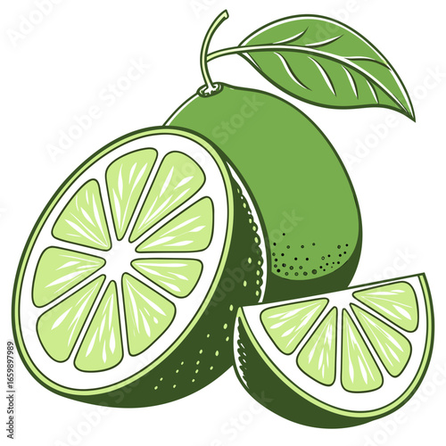 Fresh lime slices with leaf, vector illustration