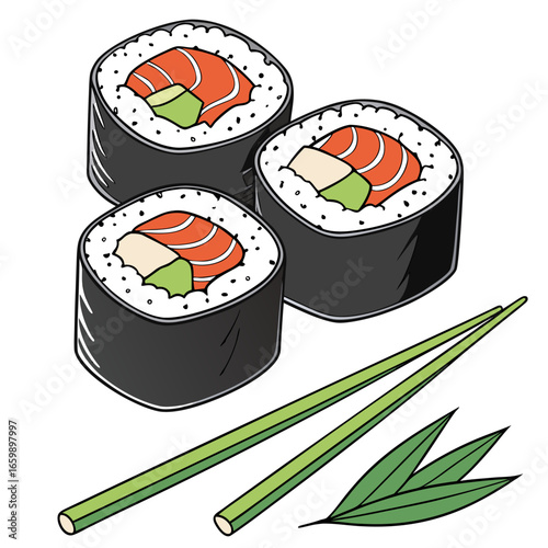 Three sushi rolls with chopsticks