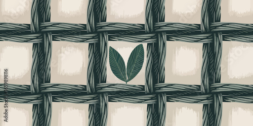 Two leaves behind a woven rope grid pattern with a light beige background in a square composition