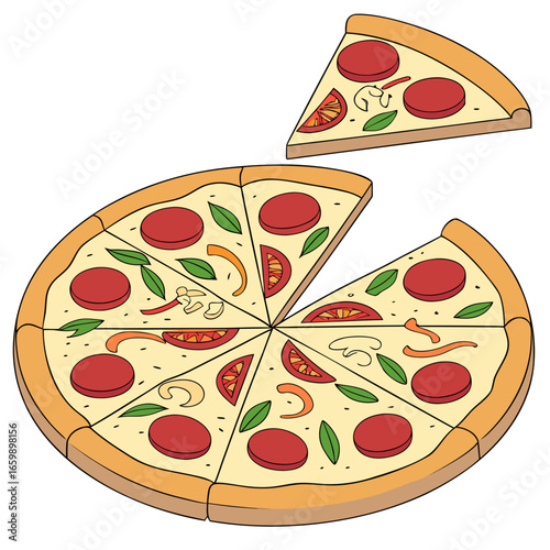 Illustration of a pizza with pepperoni and vegetables
