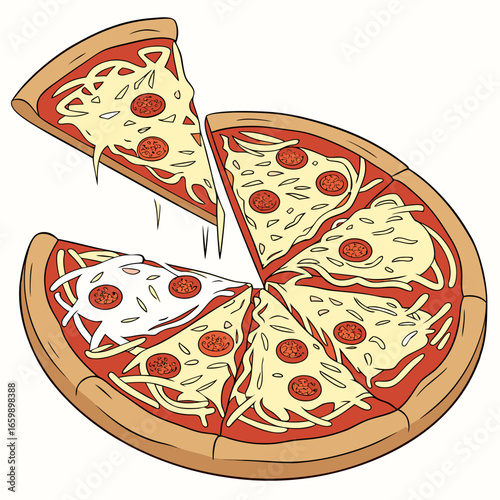 Delicious pepperoni pizza with a slice being taken out
