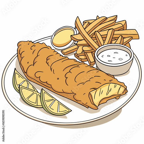 Fish and chips with lemon wedges
