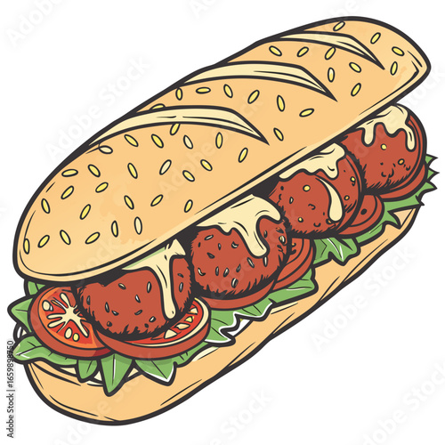 Illustration of a delicious meatball sandwich with tomato