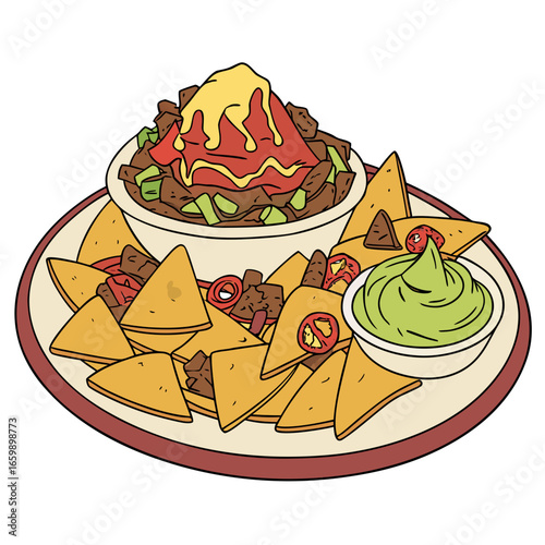 Illustration of a plate of delicious nachos with cheese sauce