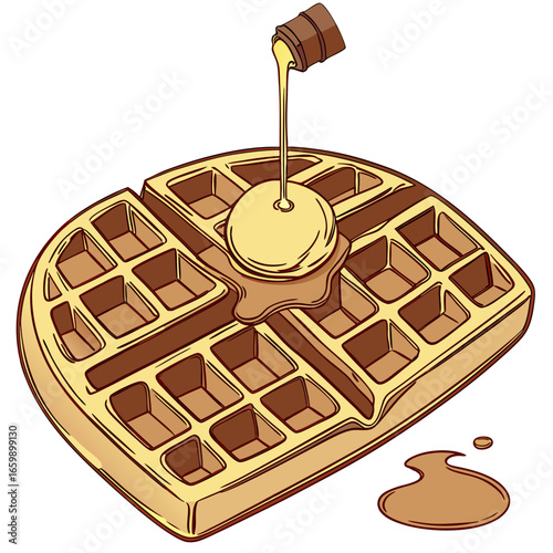 Delicious waffle with butter and maple syrup on for breakfast