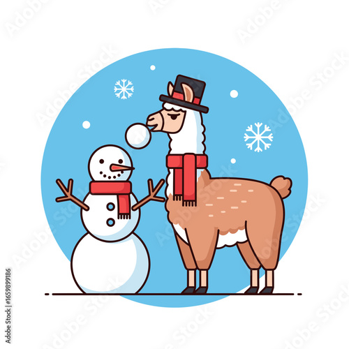 Llama and snowman in a snowy winter scene.