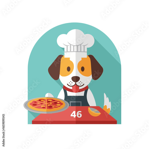 Dog wearing chef hat holding a pizza