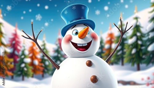 Adorable smiling snowman outdoors on winter day.