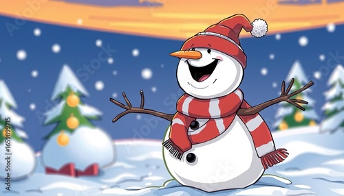 Adorable smiling snowman outdoors on winter day.