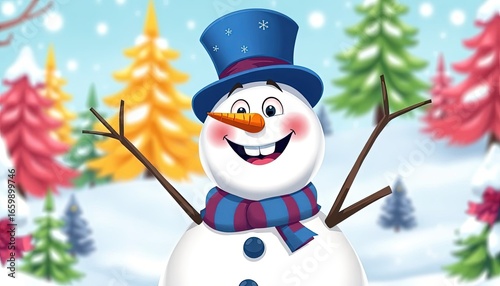 Adorable smiling snowman outdoors on winter day.