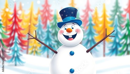 Adorable smiling snowman outdoors on winter day.