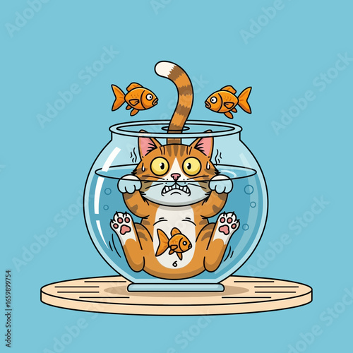 Cat stuck in fishbowl with two fish swimming around.
