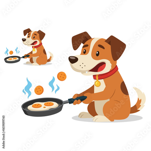 Cartoon dog cooking food in a pan with steam.