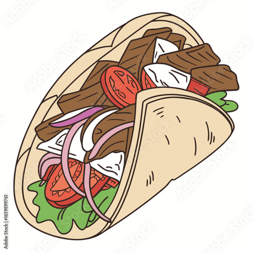 Illustration of a gyro sandwich with meat, vegetables, and sauce