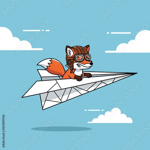 Fox wearing goggles flies paper airplane through blue sky with clouds.