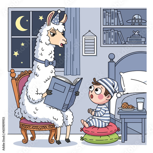 Llama reads bedtime story to a child in a bedroom.