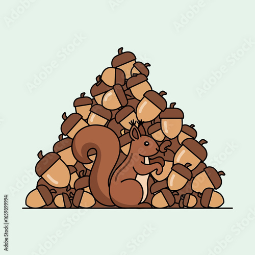 Squirrel eating from a large pile of acorns.